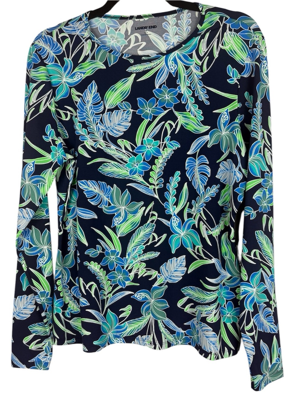 Lands' End Floral Swim Rashguard Top Long Sleeve Navy Blue Green Size M 10-12
